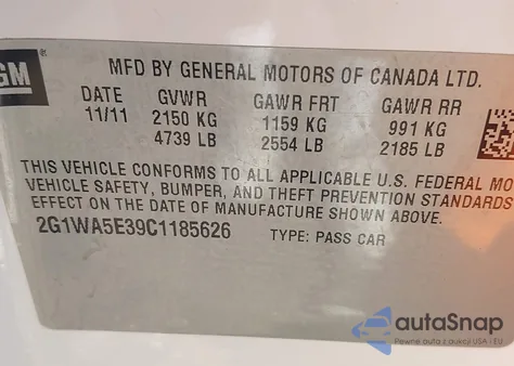 2012 Chevrolet Impala Ls from USA, damaged, VIN 2G1WA5E39C1185626